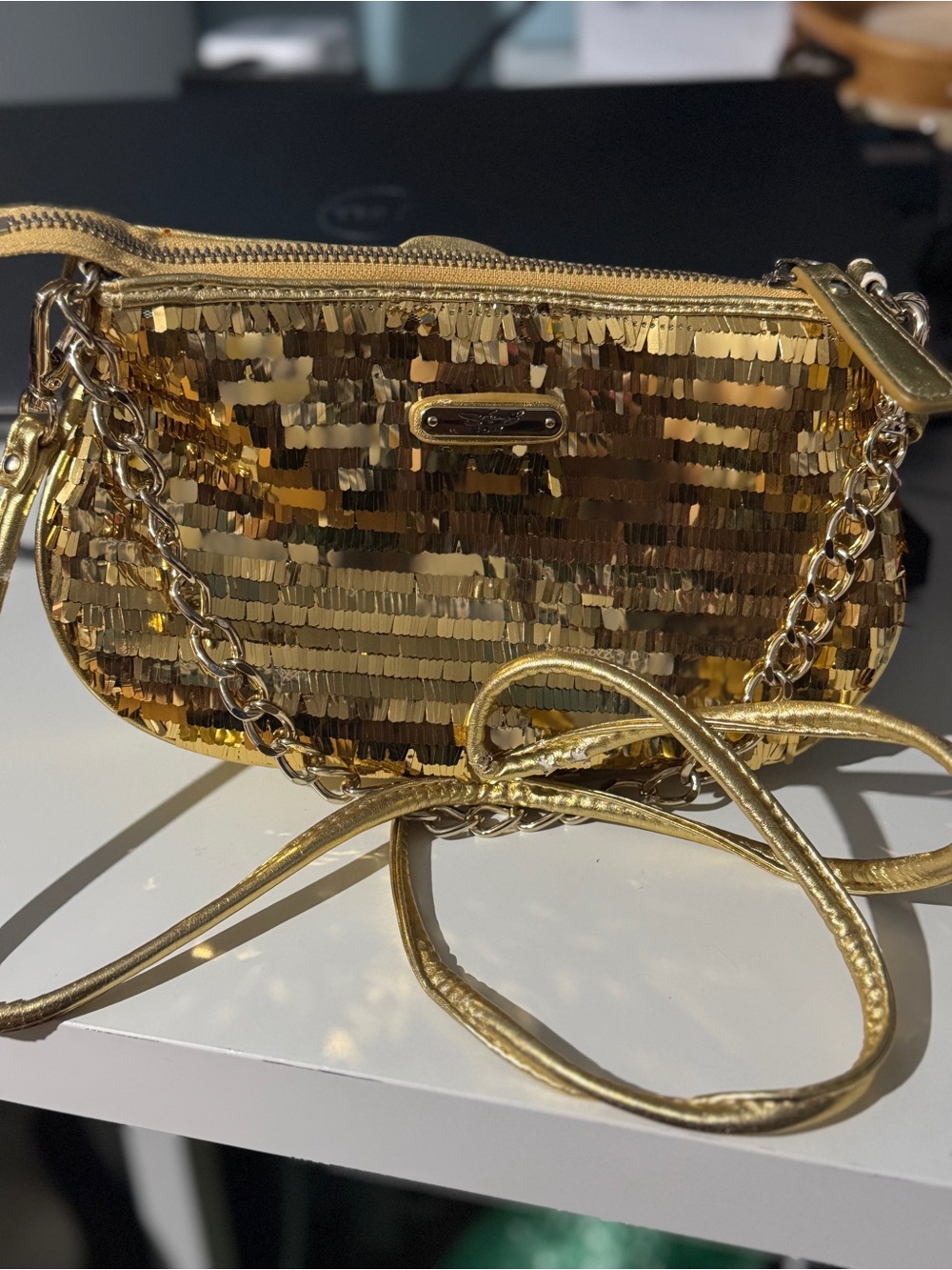 Sharif Gold Sequined Crossbody with Bronze Floral Accent gold clutch Y2K club - Picture 11 of 12
